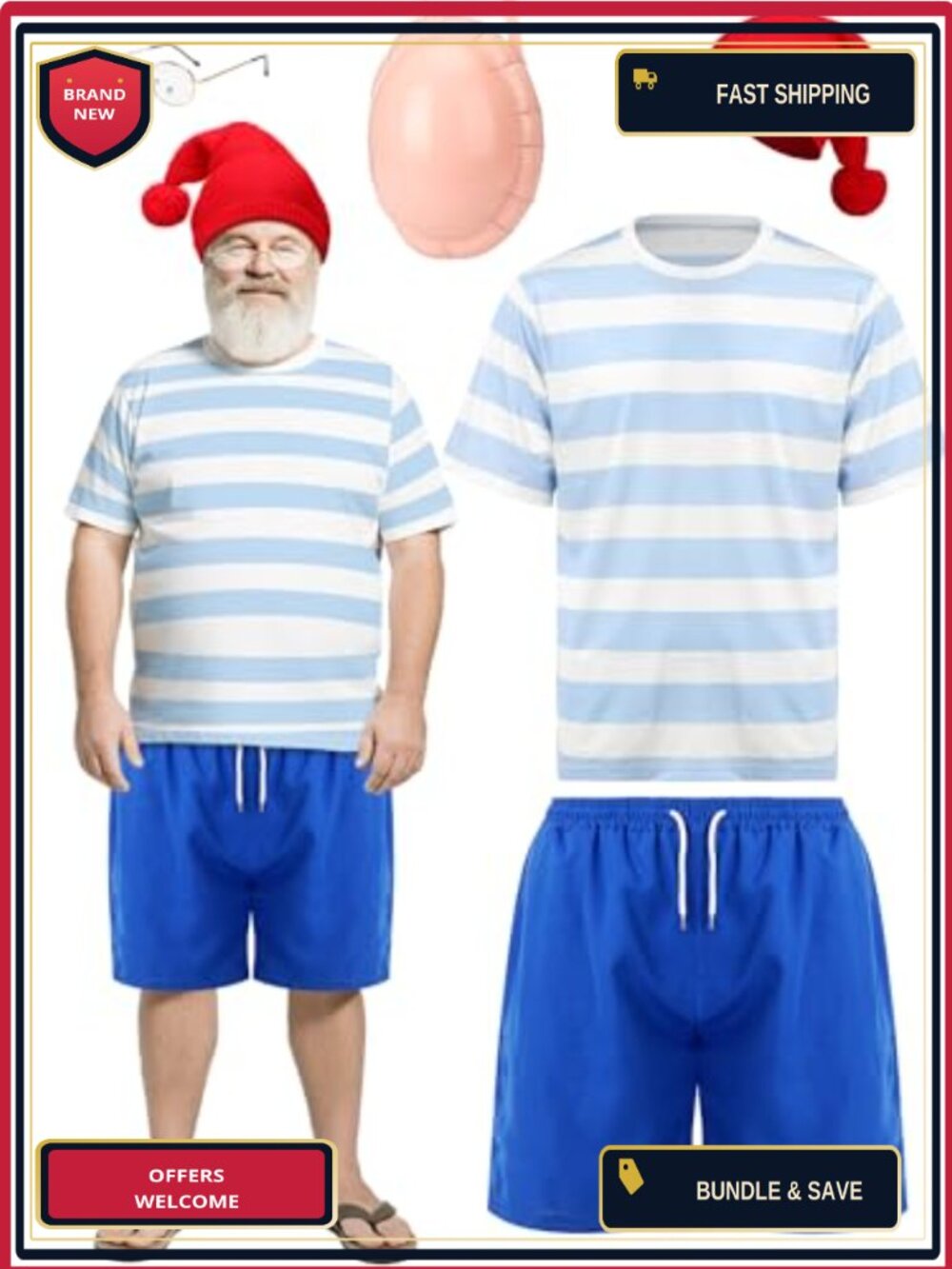 Men's Halloween Cartoon Cosplay Costume Set with Shirt Shorts Hat Glasses